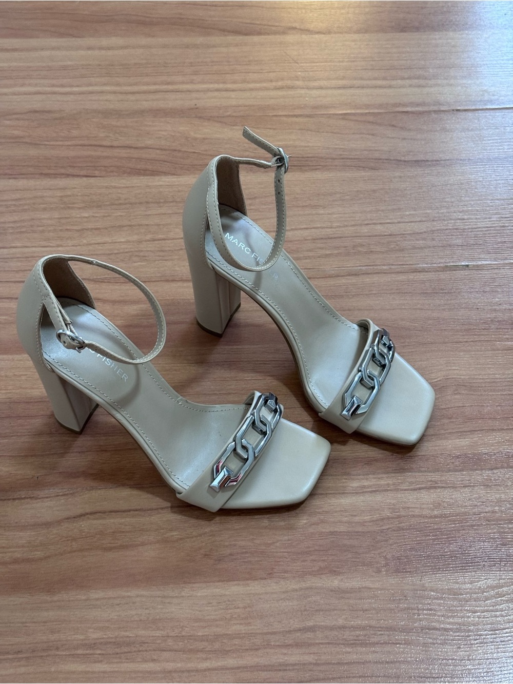 Marc Fisher Nude Chain Detail Block Heel Sandals 7M